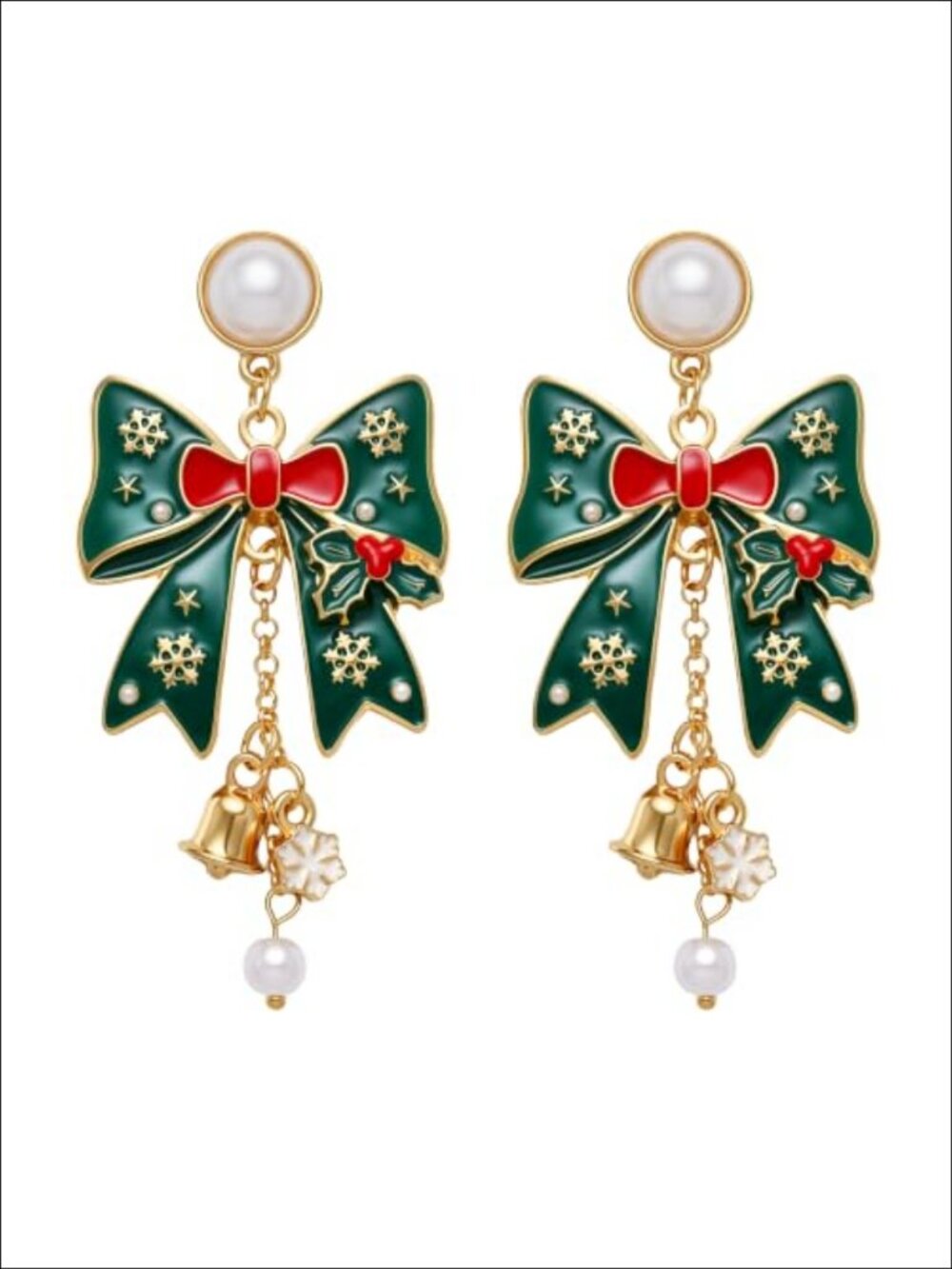 Christmas Bow Dangle Earrings Faux Pearl Snowflake Holiday Drop Women